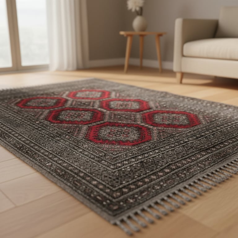 Tæppe med mønster i grå og røde farver lagt på trægulv i et lyst rum med sofa og sidebord.