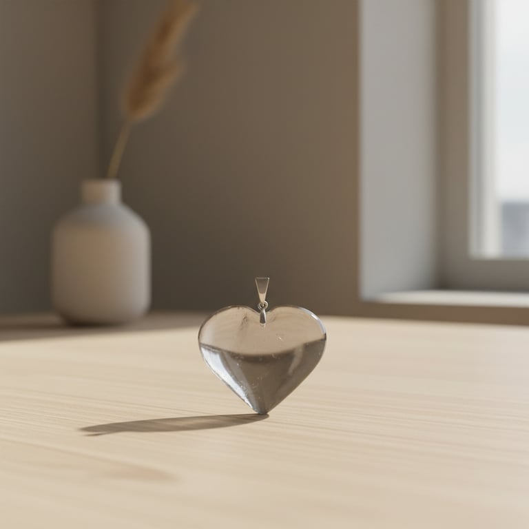 Hjerteformet glasvedhæng stående på et lyst træbord med en hvid vase og en tørret plante i baggrunden ved et vindue.