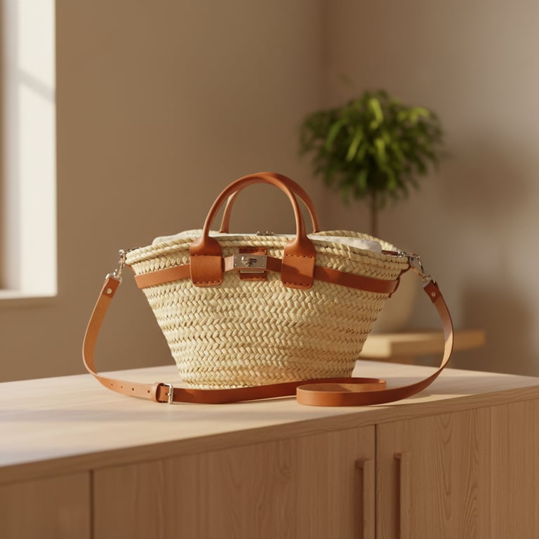 Håndlavet flettet kurvestof taske med brune læderremme på et lyst træbord i et lyst rum med en grøn plante i baggrunden.