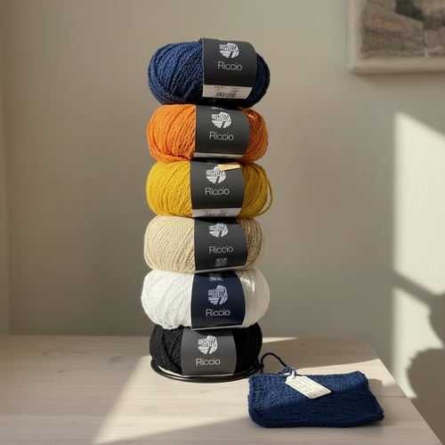 Stak af garnnøgler i farverne blå, orange, gul, beige, hvid og sort med etiketter mærket "Riccio" på et lyst træbord i sollys, ved siden af et strikket prøvestykke i blå. (1)