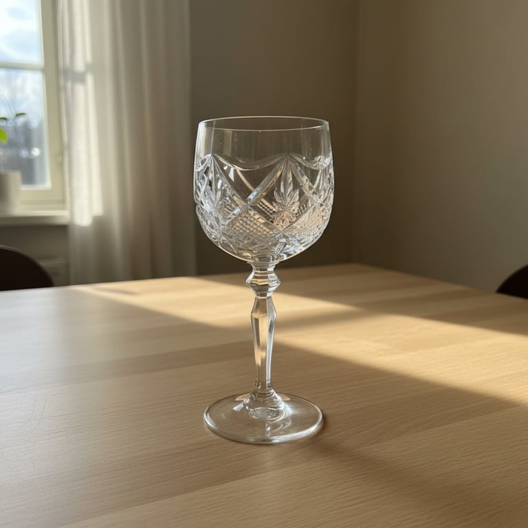 Elegant, slebet krystalglas placeret på et lyst træbord med sollys gennem vindue i baggrunden.