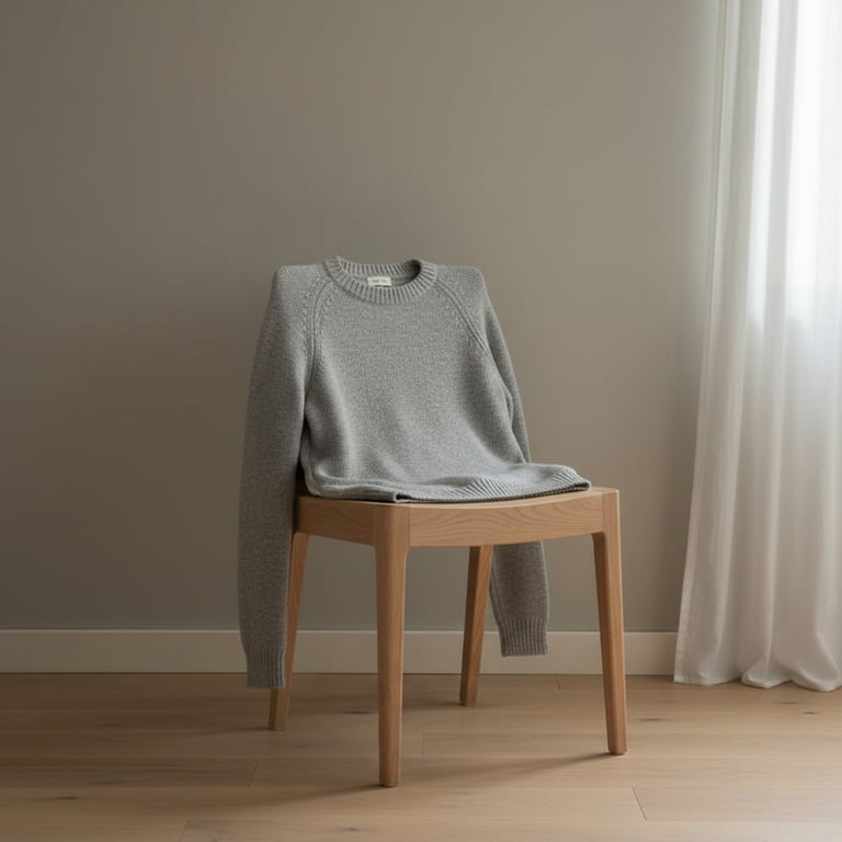 Grå striktrøje lagt over en enkel træstol i et minimalistisk rum med beige væg og hvide gardiner. (4)