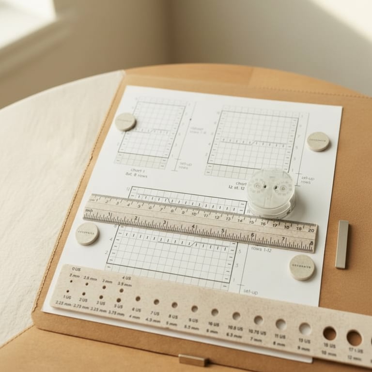 Et ark med diagrammer og målelinjer placeret på en brun underlag, omgivet af fire runde magneter, en lineal og et lille gennemsigtigt måleværktøj.