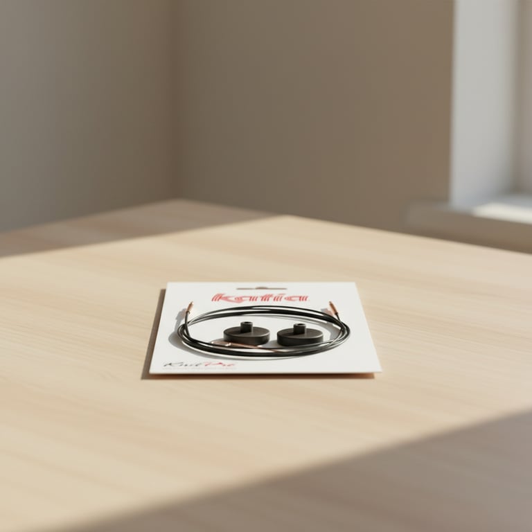 Sort rund skruetrækker med kasse og ledning placeret på et lyst træbord i naturligt lys.