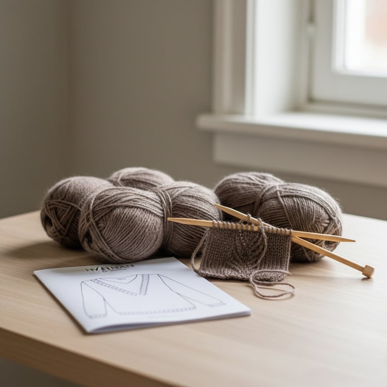 Fire nøgler garn, et stykke strikning på pinde og en opskrift på en strikket trøje på et lyst træbord ved et vindue. (4)