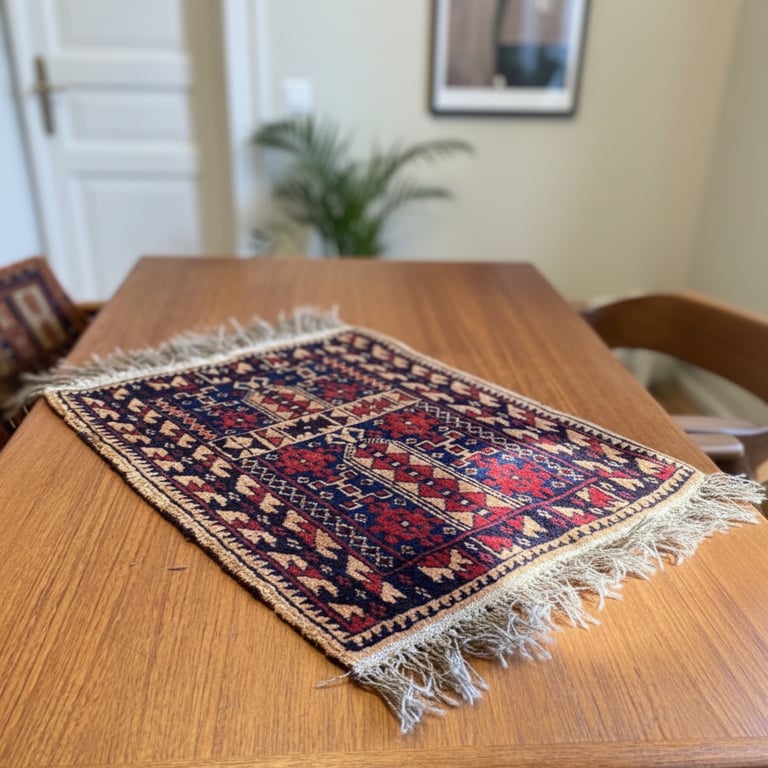 Et farverigt, mønstret tæppe med frynser ligger på et træbord i et lyst rum med en plante og stole i baggrunden.