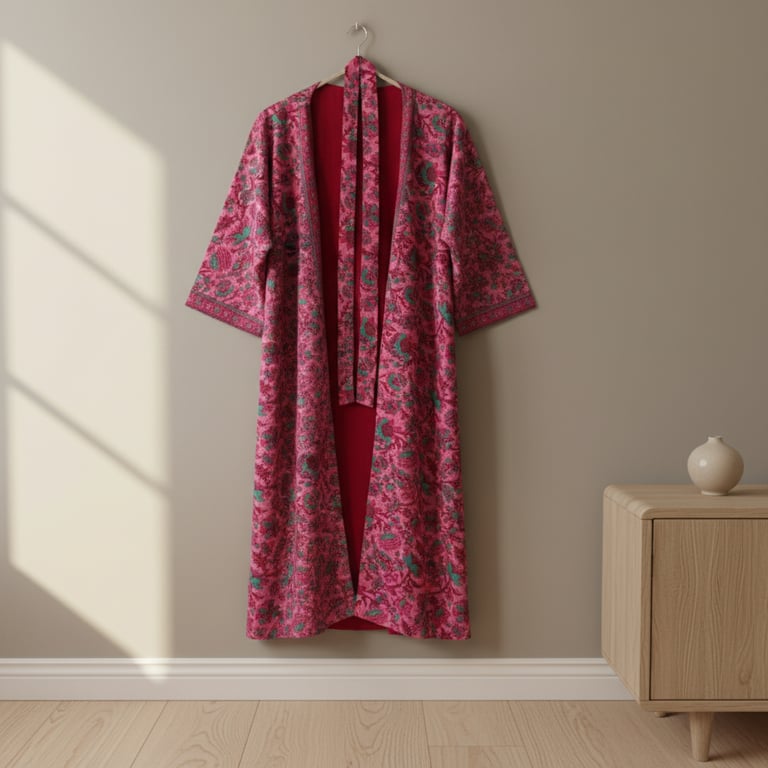 Rosa kimono med blomsterprint hængende på en bøjle mod en beige væg ved siden af et lyst træskab med en lille rund vase.
