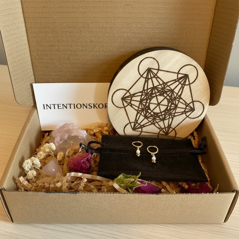 Åben papkasse med tørrede blomster, krystaller, kort mærket "INTENTIONSKORT", sort stofpose med små guldringe med perler og et rundt træbrik med geometrisk mønster. (6)