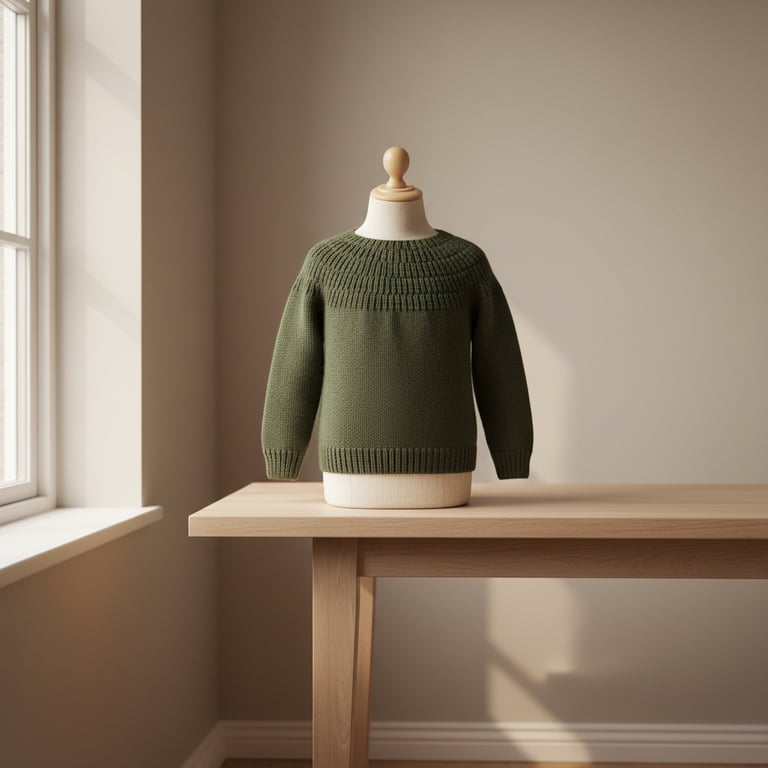 Mannequin med strikket, olivengrøn sweater, placeret på et lyst træbord ved et vindue i et lyst rum.