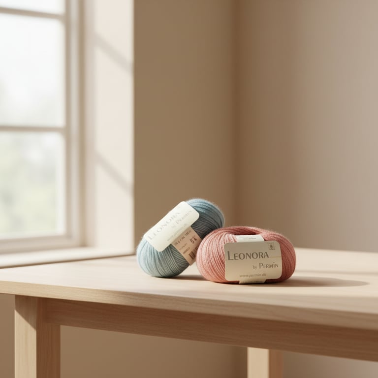 To nøgle garn i blåt og rosa med mærkerne "Leonora by Permin" placeret på et lyst træbord med blødt dagslys fra et vindue i baggrunden.