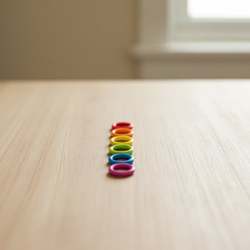 En række farverige, cirkulære plastikringe ligger på en lys trætallerken i en lige linje med rød øverst og lilla nederst. (4)