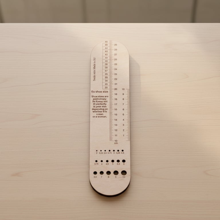 Måleredskab til skostørrelser i EU, centimeter og andre størrelser, placeret på et lyst træs bord. (3)