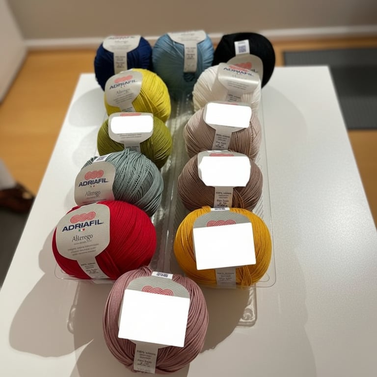 12 kasketter med Adriafil garn i forskellige farver arrangeret i to rækker på et bord.