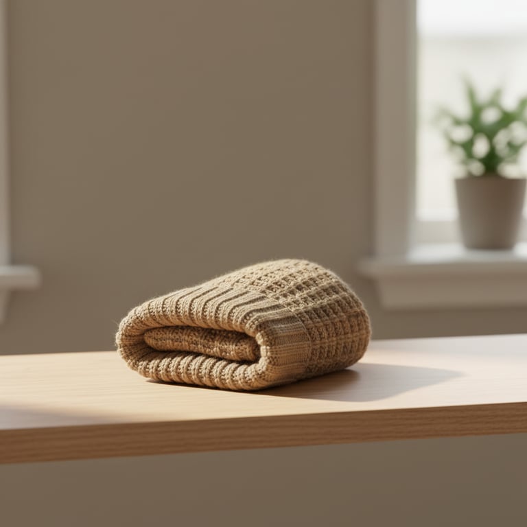 Et foldet, beige strikket tæppe ligger på et lyst træbord i et rum med blødt dagslys og en potteplante ved vinduet i baggrunden.