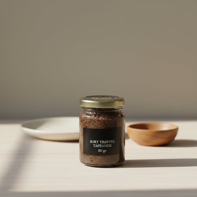 Glas med sort trøffel tapenade på lyst bord med en hvid tallerken og en lille træskål i baggrunden.