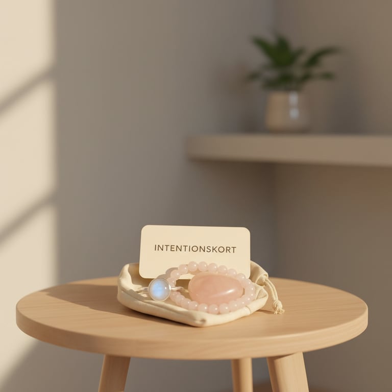 Et lille træbord med en pose, to armbånd af lyserøde perler og en hvid kort med teksten "INTENTIONSKORT" i blødt naturligt lys.