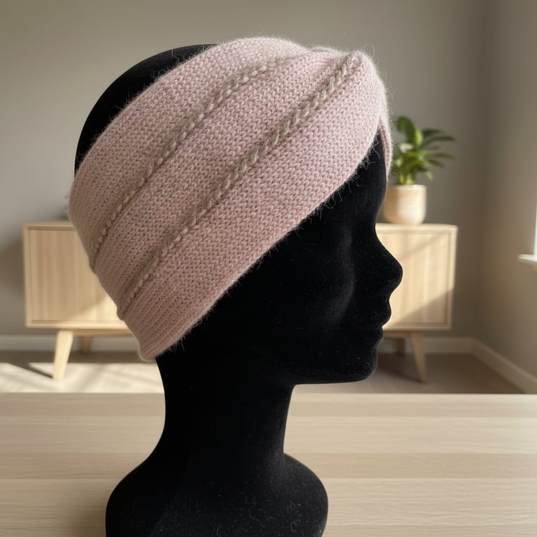 Sort mannequinhoved med lyserødt strikket pandebånd med snoede mønstre, placeret på et lyst træbord i et lyst rum med skab og plante i baggrunden.