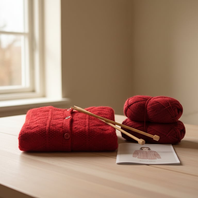 Rød strikket cardigan, to nøgler rød garn, strikkepinde og en hæfte med strikkemønster på et lyst træbord ved vindue. (4)