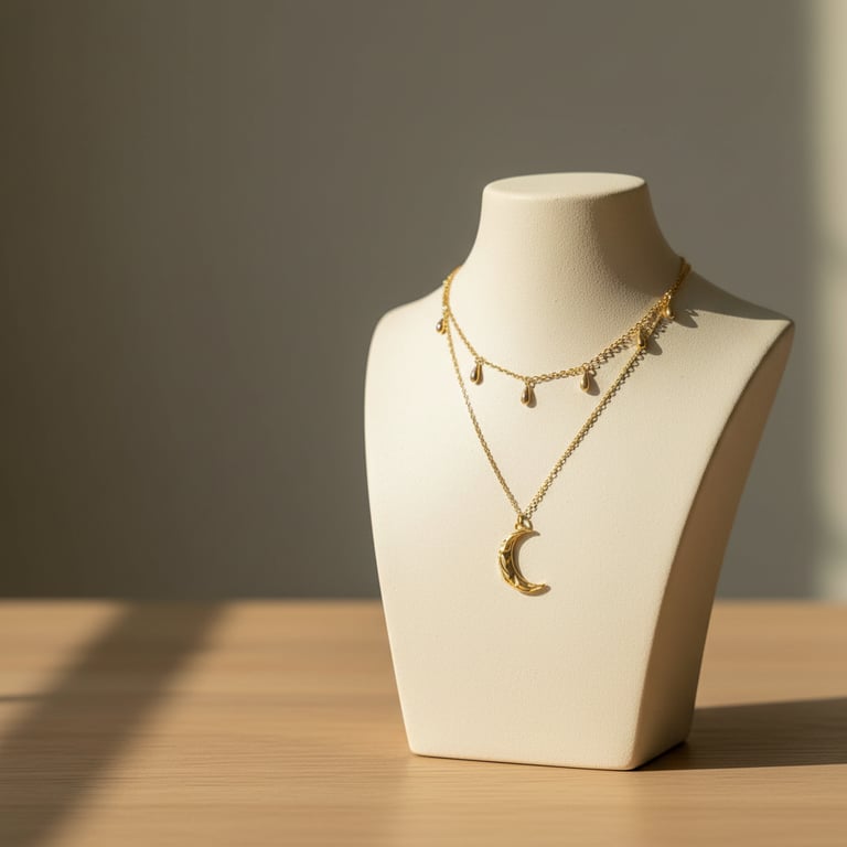 Hvid smykkestativ med to gyldne halskæder, hvor den ene har små dråbevedhæng og den anden et halvmånevedhæng, placeret på et lyst træbord med blødt sollys. (3)