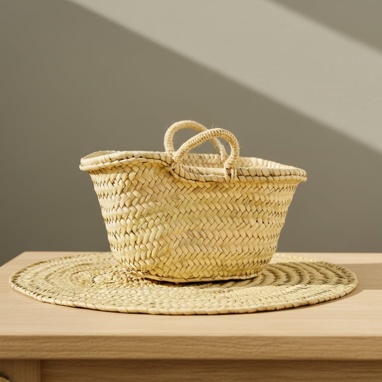 Lille flettet kurv med håndtag placeret på et rundt flettet bordskåner på et lyst træbord med grå baggrund.