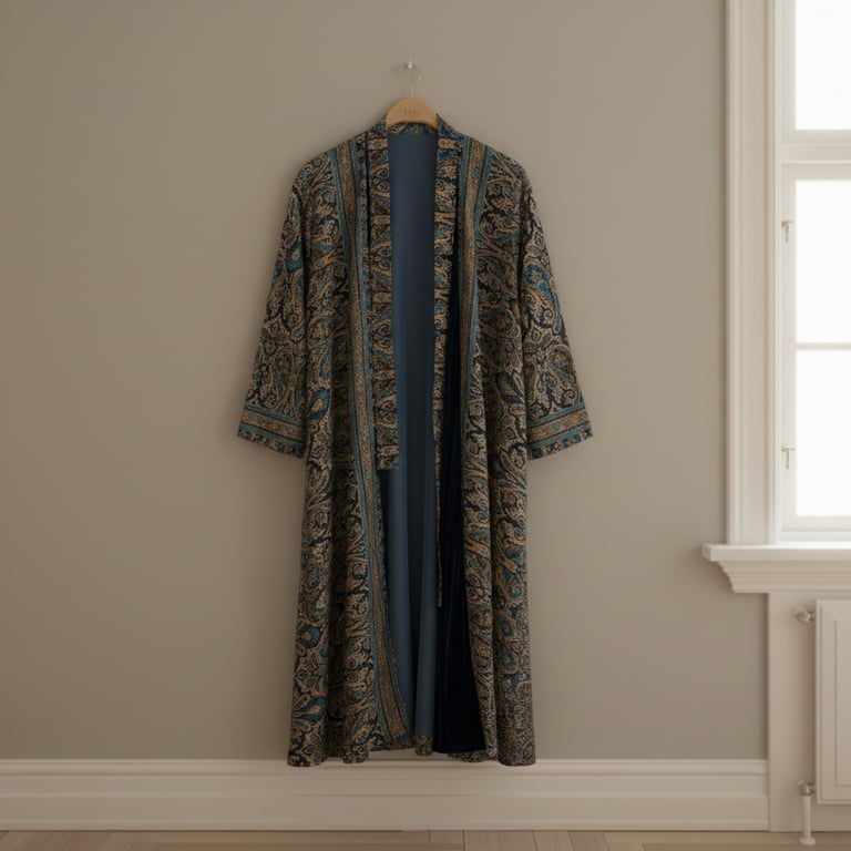 Lang kåbe med blåt og brunt paisleymønster hængende på en bøjle mod en beige væg ved siden af et vindue.