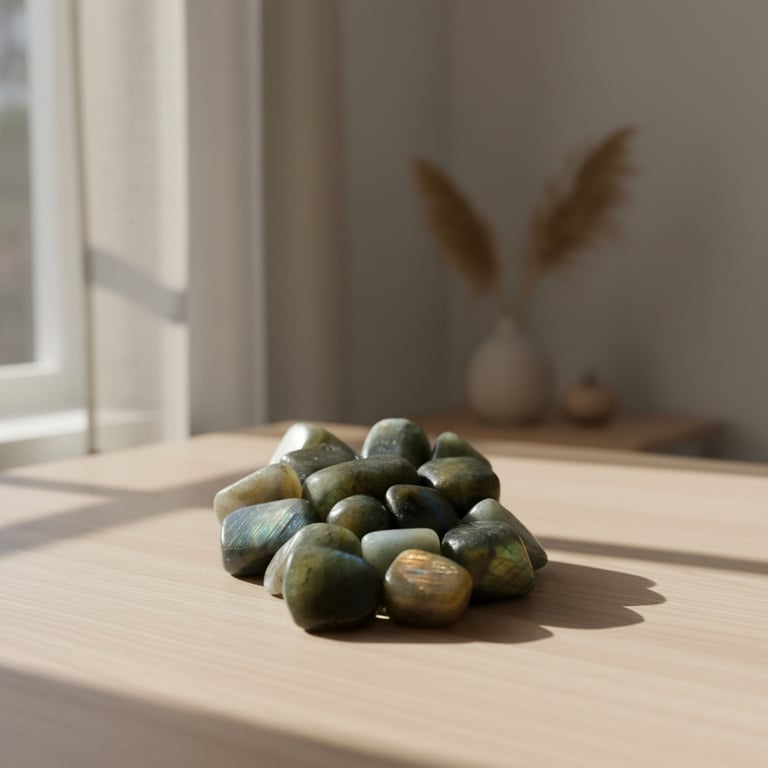 Billede af en samling polerede labradorit-sten på et lyst træbord med blødt dagslys og en vase med tørret pampasgræs i baggrunden.