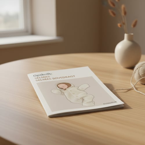 Opskriftbog til strik af baby-sovedragt lagt på rundt lyst træbord med vase og garnnøgle i baggrunden. (3)