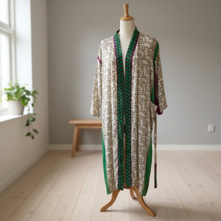 Lang kimono i lysebrunt og grønt mønster med lilla detaljer, udstillet på en mannequin i et lyst rum med trægulv og stort vindue.