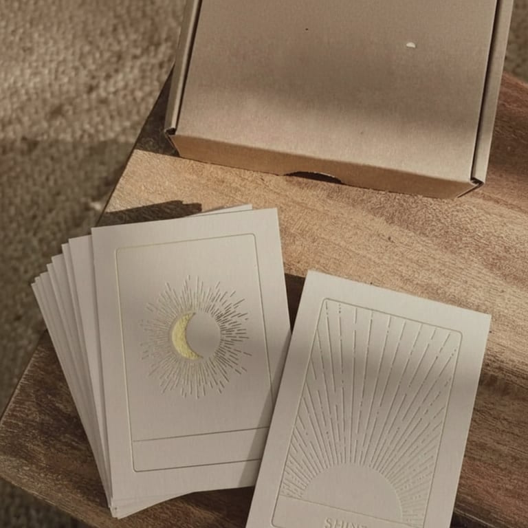 En stak tarotkort med minimalistiske illustrationer af måne og sol på et rundt træbord ved siden af en brun papkasse.