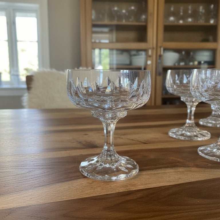 Krystalglas med indgraveret mønster placeret på træbord i lyst køkkenmiljø.