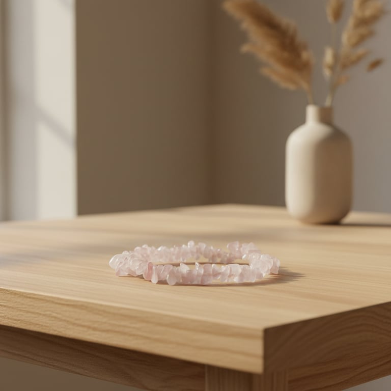 Håndlavet armbånd med lyserøde sten lagt på et lyst træbord med en keramikvase med tørrede græsser i baggrunden.