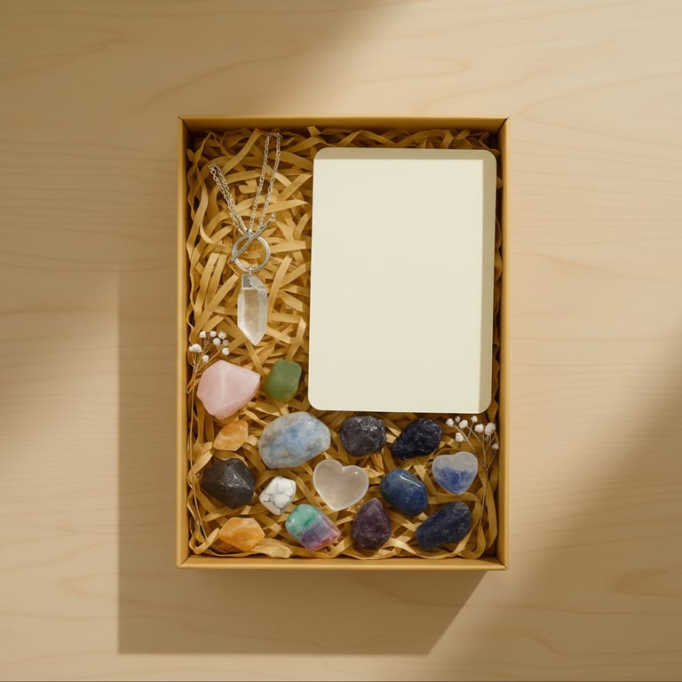 Gaveæske med krystaller, en halskæde med vedhæng og en blok med blanke kort, lagt på brunt papirstrøelse. (2)