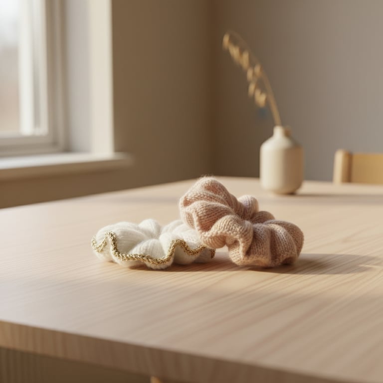 To bløde, strikkede hårscrunchies i beige og hvid ligger på et lyst træbord med en vase og tørrede blomster i baggrunden.