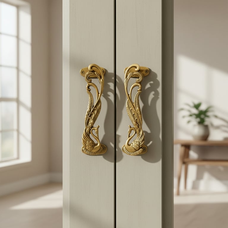 Nærbillede af to udsmykkede, gyldne dørhåndtag formet som svaner på en lys skabslåge med blød naturlig belysning.