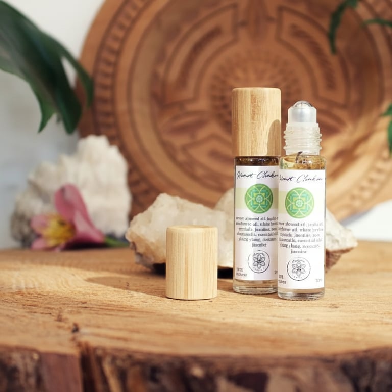 To små rullede olieflesker med bambusdæksel stående på en rund træplade, omgivet af krystaller og en dekorativ træplade i baggrunden.