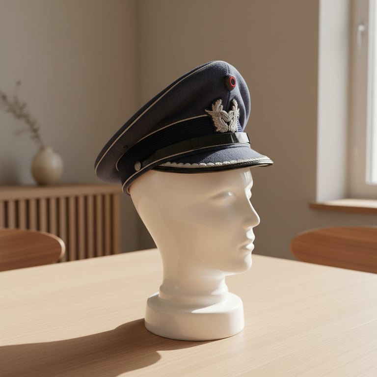 Hvidt mannequinhovede på et bord iført en blå militærkasket med sølvbroderi og rød knap i et lyst rum.