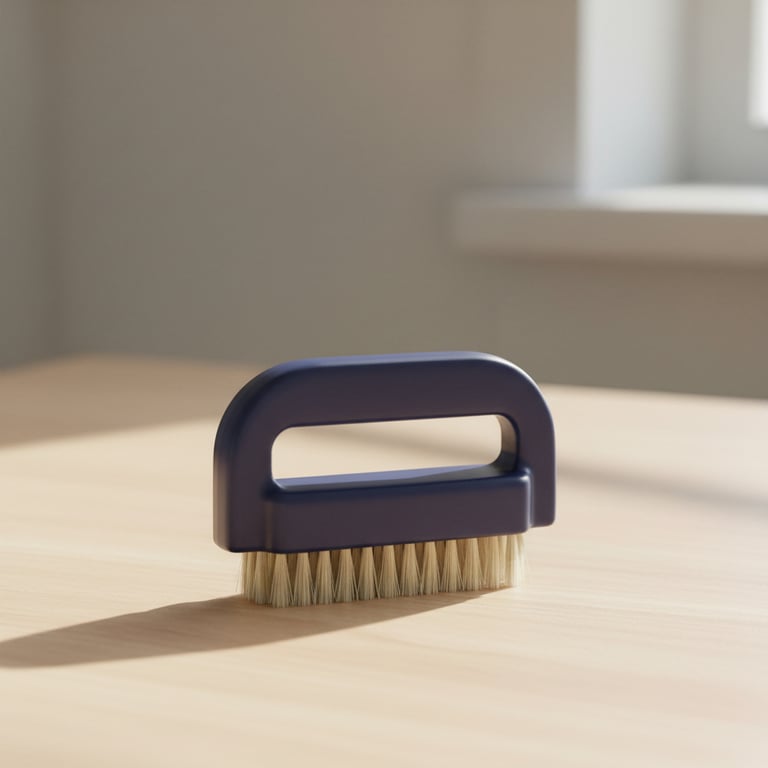 Børste med blå plastikhåndtag og lyse børstehår placeret på et lyst træbord i naturligt lys.