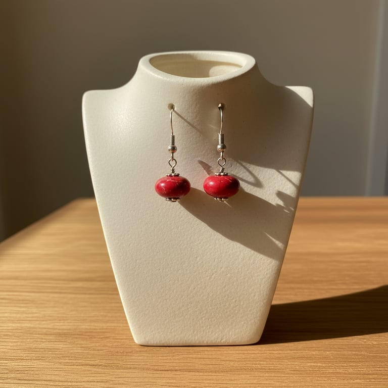 Øreringe med røde, runde perler og sølvophæng, vist på en hvid smykkestativ mod en træbordplade i naturligt lys.