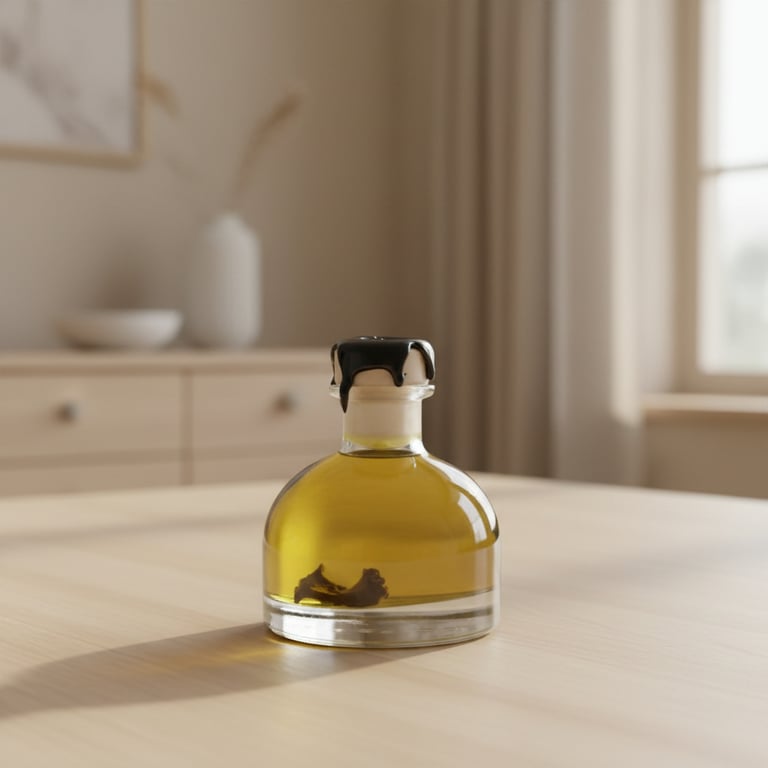 Flaske med gul olie og sort voksforsegling på et lyst træbord i et lyst, moderne rum.