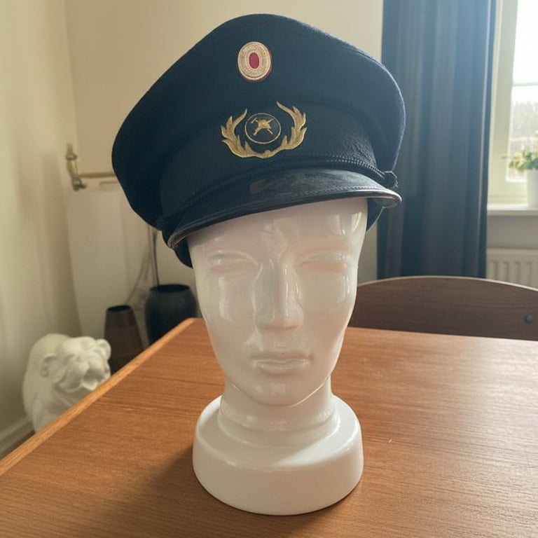 Sort uniformskasket med emblem, placeret på en hvid mannequin-hoved på et træbord i et rum med en stol, gardiner og en hvid dekorativ hundefigur i baggrunden.