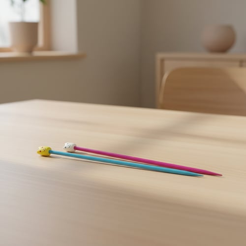 To spiddestokke i plast, en lyseblå med gul smiley og en pink med hvid smiley, ligger parallelt på et lyst træbord i et lyst rum. (1)