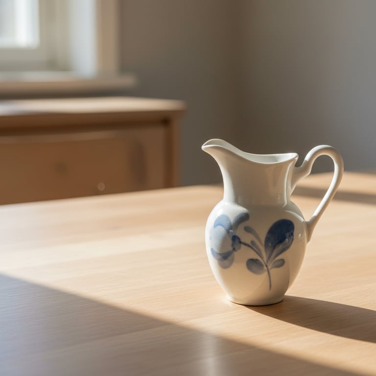 Hvid keramikkande med blåt blomstermotiv på soloplyst bord i et lyst rum.