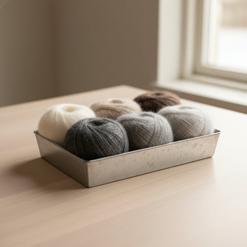 Seks nøster garn i neutrale farver arrangeret i en metalbakke på et lyst bord ved vinduet. (8)