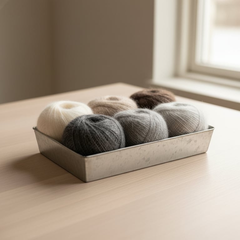 Seks nøster garn i neutrale farver arrangeret i en metalbakke på et lyst bord ved vinduet. (8)