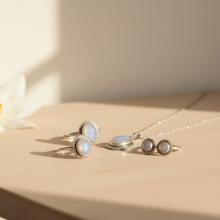 Smykkesæt med månestensringar, månestensøreringe og halskæde med månesten på lyst træbord i blødt lys.