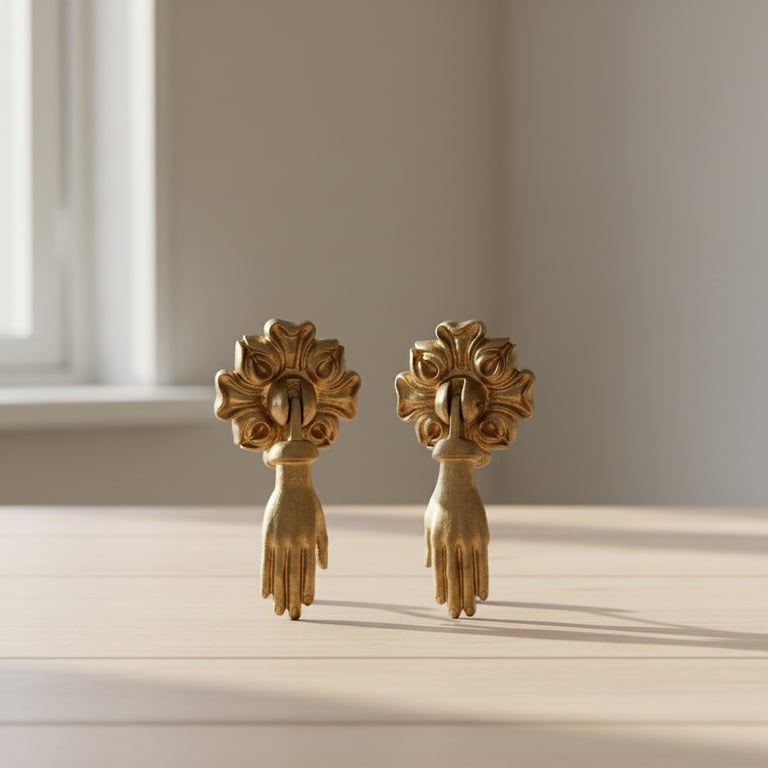 To messing with this aspect ratio, the alt text in Danish could be:

"To antikke, guldfarvede dørhåndtag formet som hænder med dekorative detaljer på en lyse træoverflade."