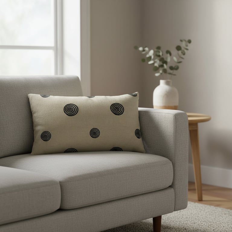 PUDE Sand og sort pude med mønster sorte spiraler 