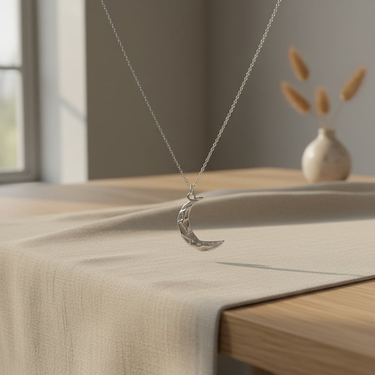 Sølvhalskæde med månevedhæng hængende over et bord dækket med beige dug, med en vase med tørrede blomster i baggrunden.