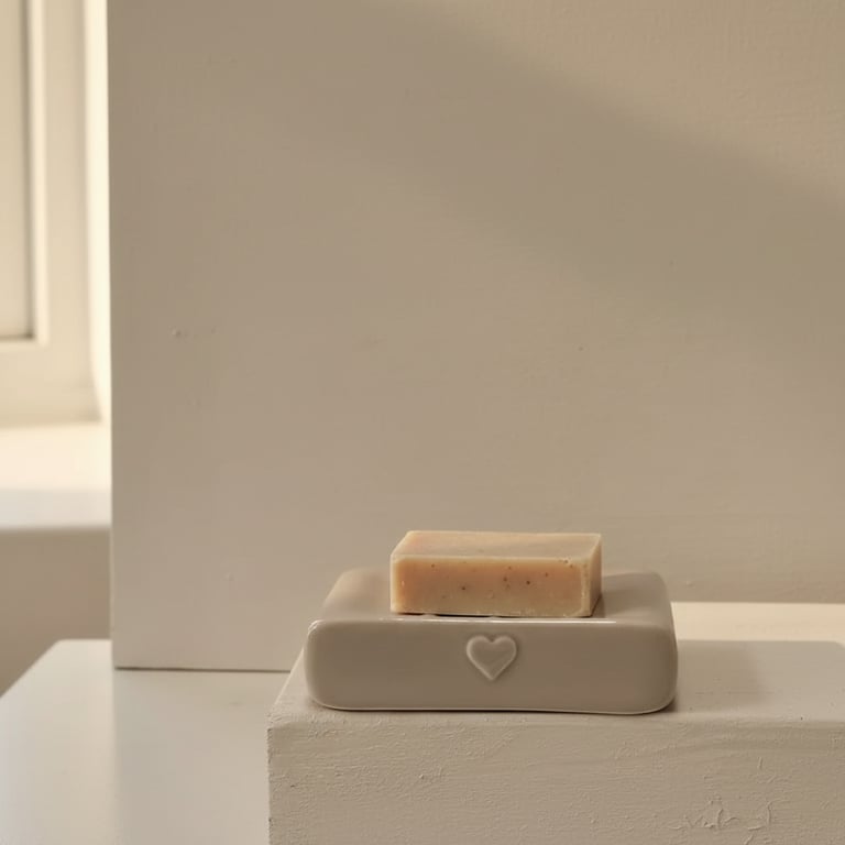 Bar sæbe på en hvid sæbeholder med hjerte-relief, placeret på en hvid overflade med blødt naturligt lys.