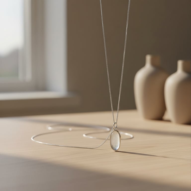 Sølvhalskæde med oval vedhæng hængende på kant af lyst træbord med to keramikvaser i baggrunden. (2)